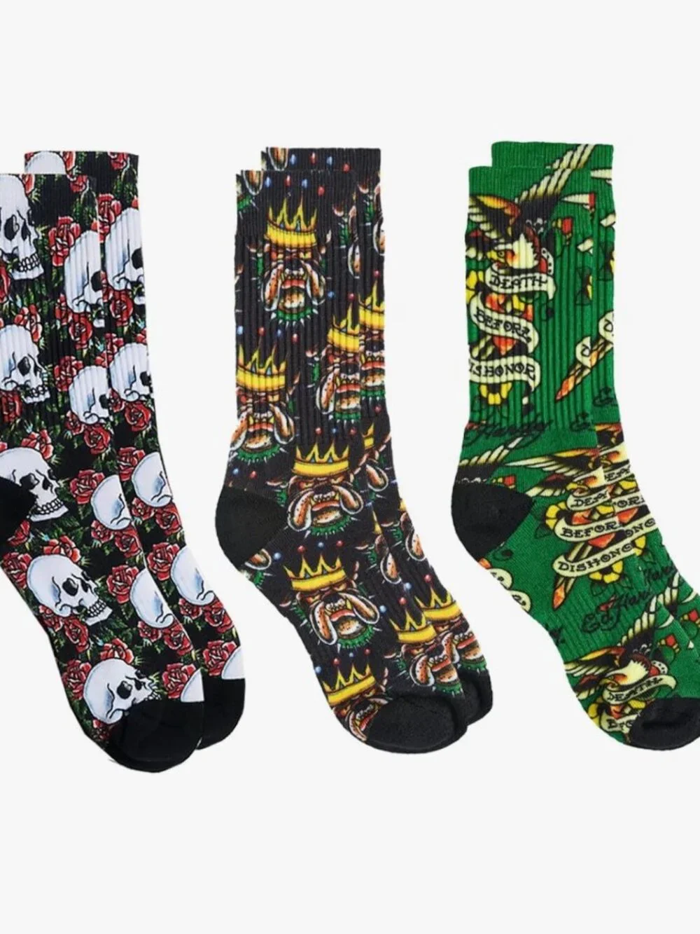 ED HARDY Tattoo Print Fashion Cushioned Crew Socks 3 Pairs Mens 6-12 Womens 8-12